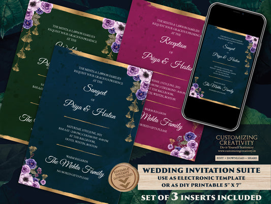 Jewel Tone Wedding Invitation Download for Fall Wedding Invitation, Fall Invitation Suite Navy, Emerald & Pink Wedding Invite Fall Wedding