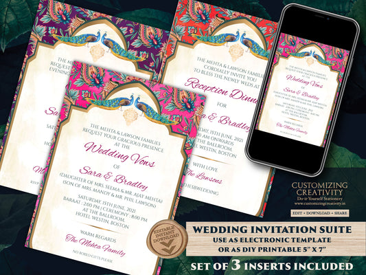 Paisley Wedding Invitation Template Download for a Boho Indian Wedding Peacock Invitation Suite, Modern, Elegant DIY Editable Wedding Invite
