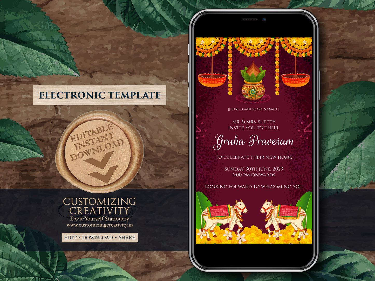 Pooja invite as Gruha pravesh invite, Griha pravesh invite as Housewarming invite, Gruhapravesam invitation & Indian Housewarming invitation
