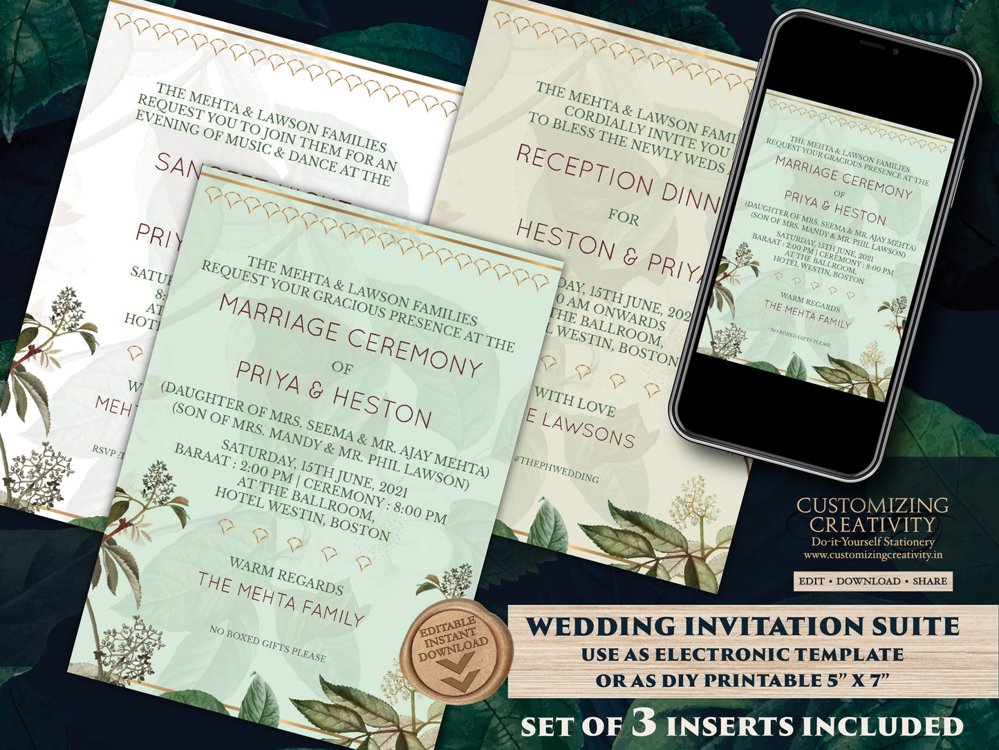 Garden Wedding Invites as Greenery Wedding card Garden, Botanical Invitations Pastel, Indian Wedding invites & Hindu Wedding cards Digital