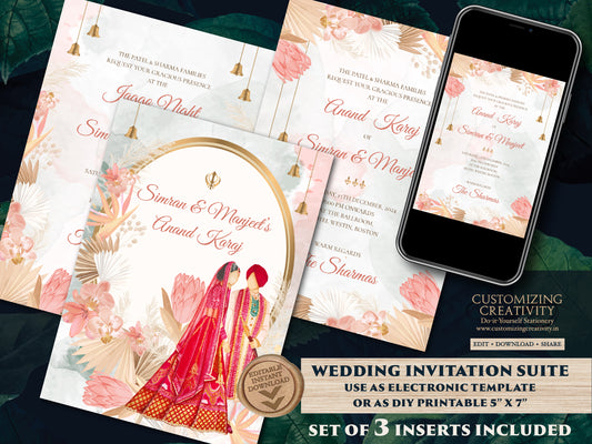 Sikh wedding card as Anand Karaj invitation, Sikh Wedding Invite Indian as Punjabi Wedding invite, Sikh invitations as Punjabi wedding card