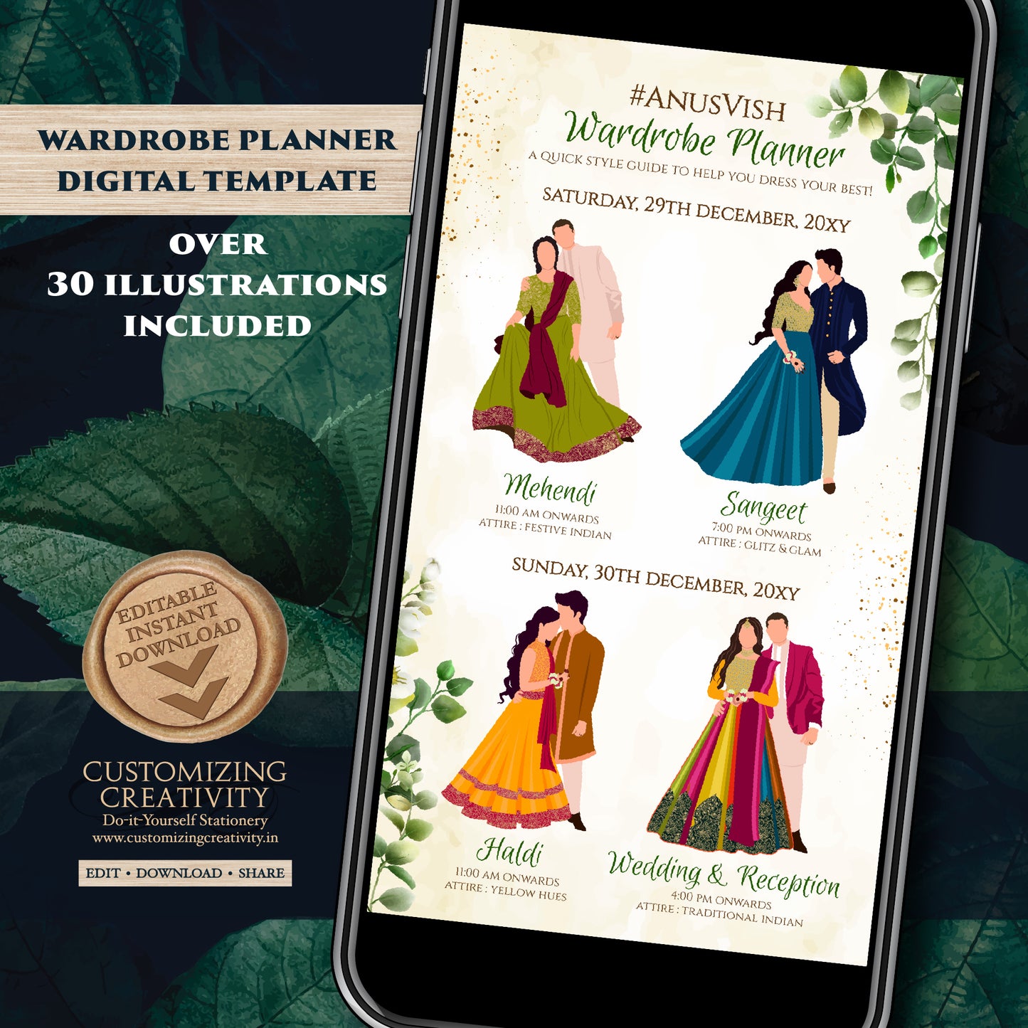 Indian Wedding Wardrobe Planner Hindu Wedding Program, Indian Wedding Program & Indian wedding itinerary as Digital Indian wedding Timeline