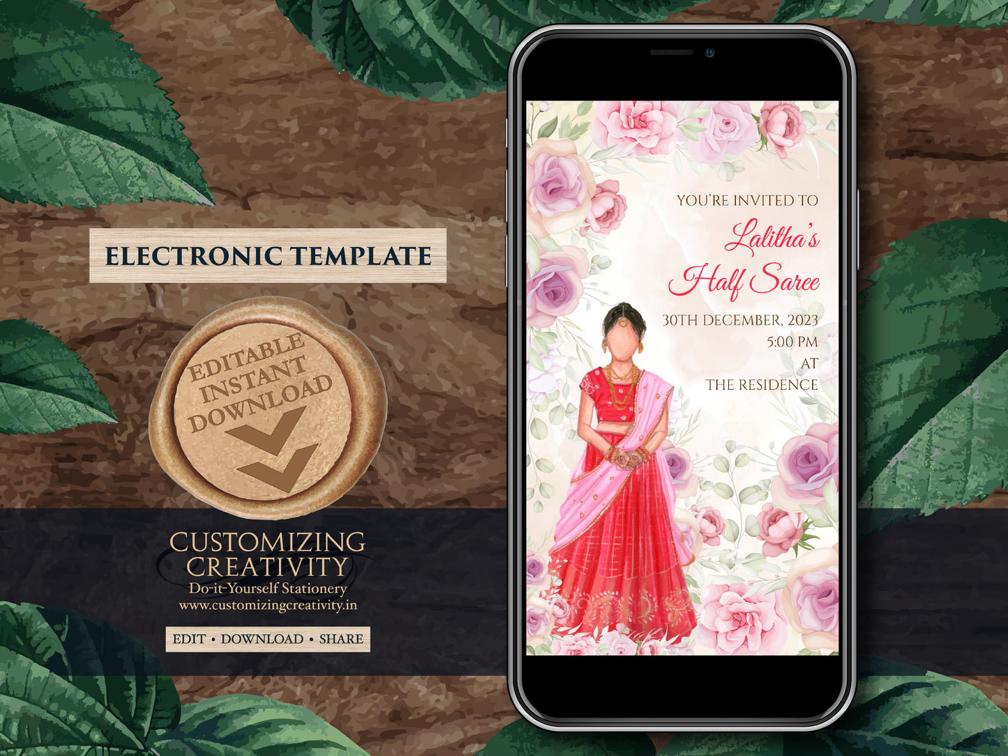Half saree invitations as Half saree cards, Half Saree invite & Half Sari invitations, Half sari ceremony cards as Indian Half sari invites