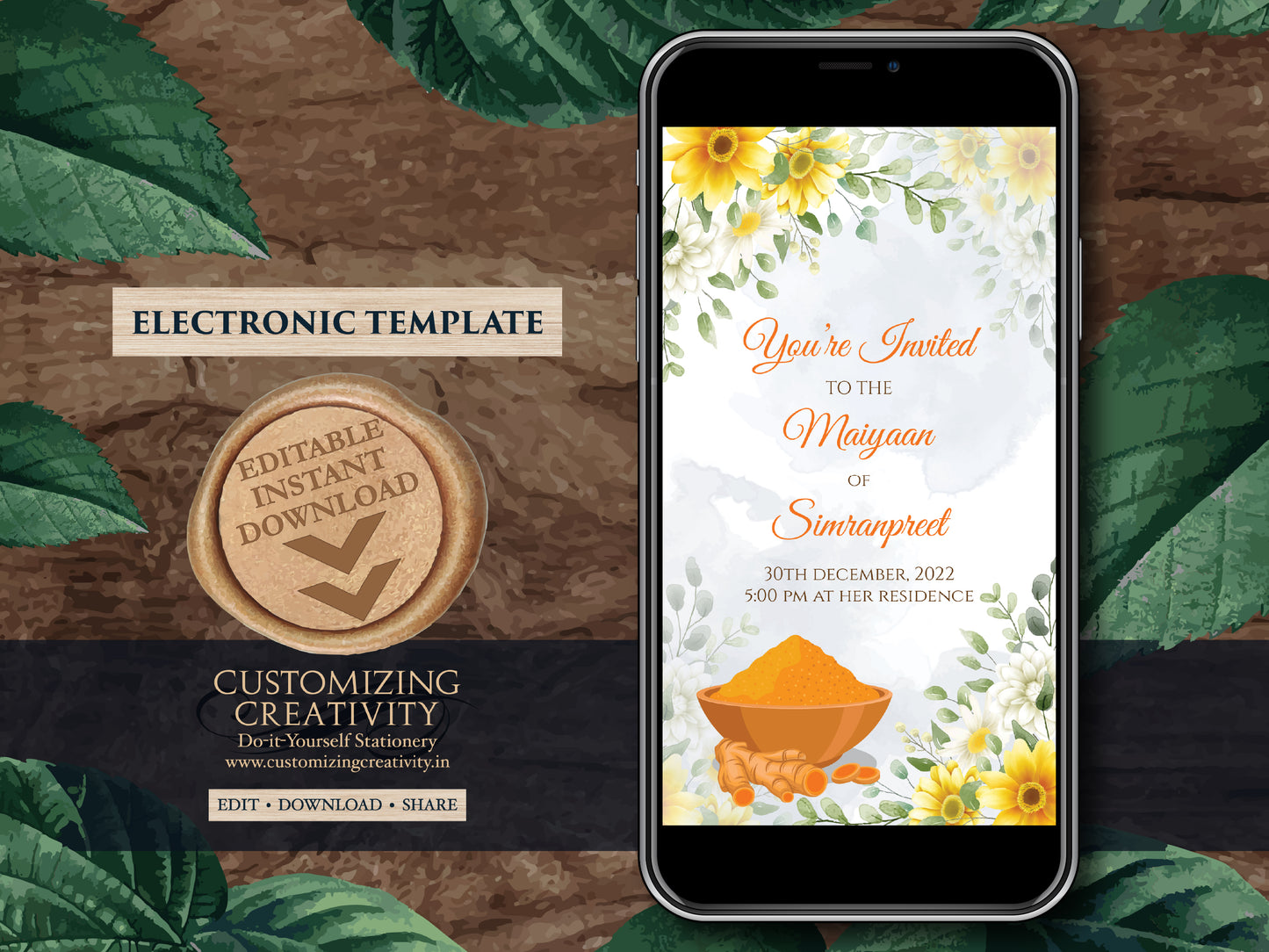 Maiyyan invites as Haldi invitations, Pithi Invites, Haldi ceremony invitations Electronic Vatna ceremony & Digital Haldi invite Maiyan card