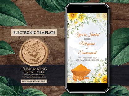 Maiyyan invites as Haldi invitations, Pithi Invites, Haldi ceremony invitations Electronic Vatna ceremony & Digital Haldi invite Maiyan card