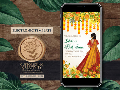 Half Saree function invitations & Saree Evite, Half saree invitations as Saree ceremony invite, Saree function invite as Half saree invites