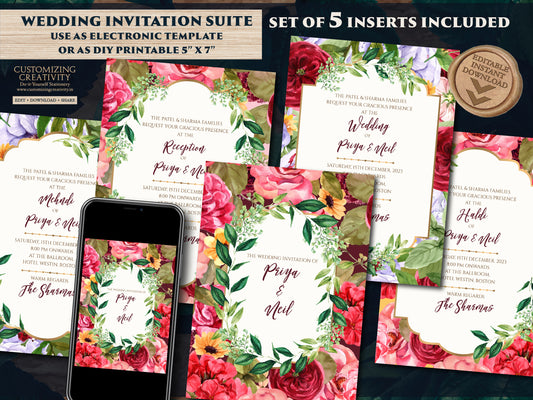 Digital Indian Wedding invites Floral, Indian invites & Indian Invitations Digital, Hindu Wedding invitations as Indian Wedding cards Hindu