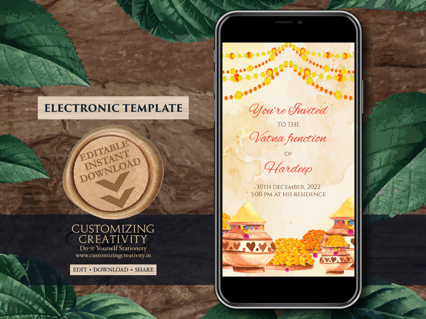 Vatna invites as Digital Haldi invites Indian, South Indian Pellikuthuru invitation & Digital Maiyan invites Pithi invitations, Pithi invite