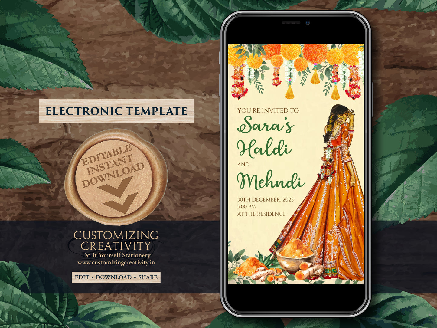 Electronic Haldi card as Holud invitations, Digital Haldi invites & Haldi invitations, Digital Pithi invites as Mayoun invites, Holud invite