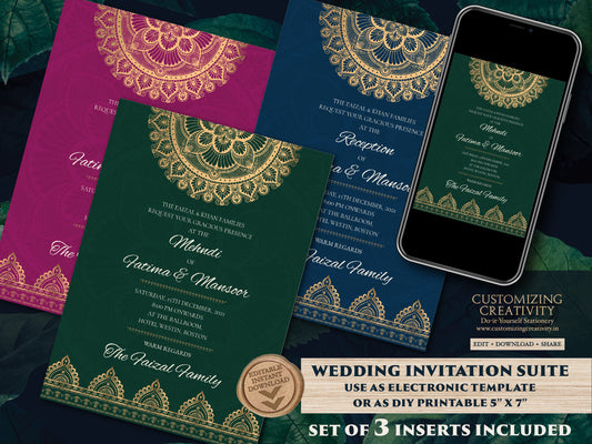 Mandala invitations Jewel tone as Arabic invites Emerald green, Muslim Nikkah invite as Nikah invitations Green, Muslim invite cards Emerald