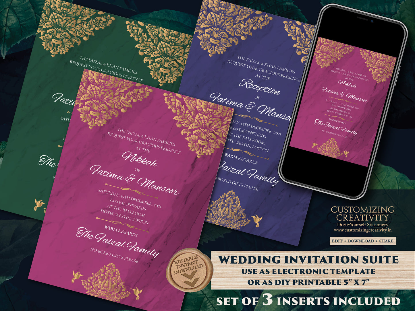 Emerald Green & Gold Nikah invite as Arabic Wedding card, Nikkah Invitation and Muslim invitation, Gold and Emerald Muslim Wedding invites