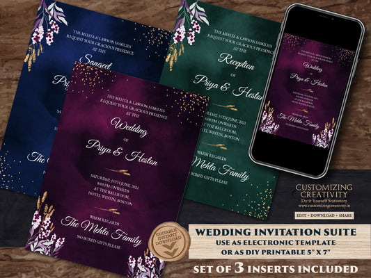 Jewel Tone Wedding Invitation Download for Fall Wedding Invitation, Fall Invitation Suite in Navy, Emerald & Deep Purple Wedding Invite Fall