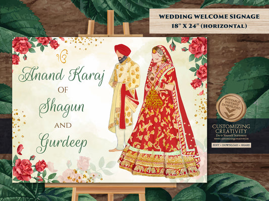 Sikh Welcome Wedding Sign Anand Karaj as Anand Karaj Welcome Sign, Sikh Wedding signs & Sikh Wedding Welcome Sign, Punjabi Welcome sign Sikh