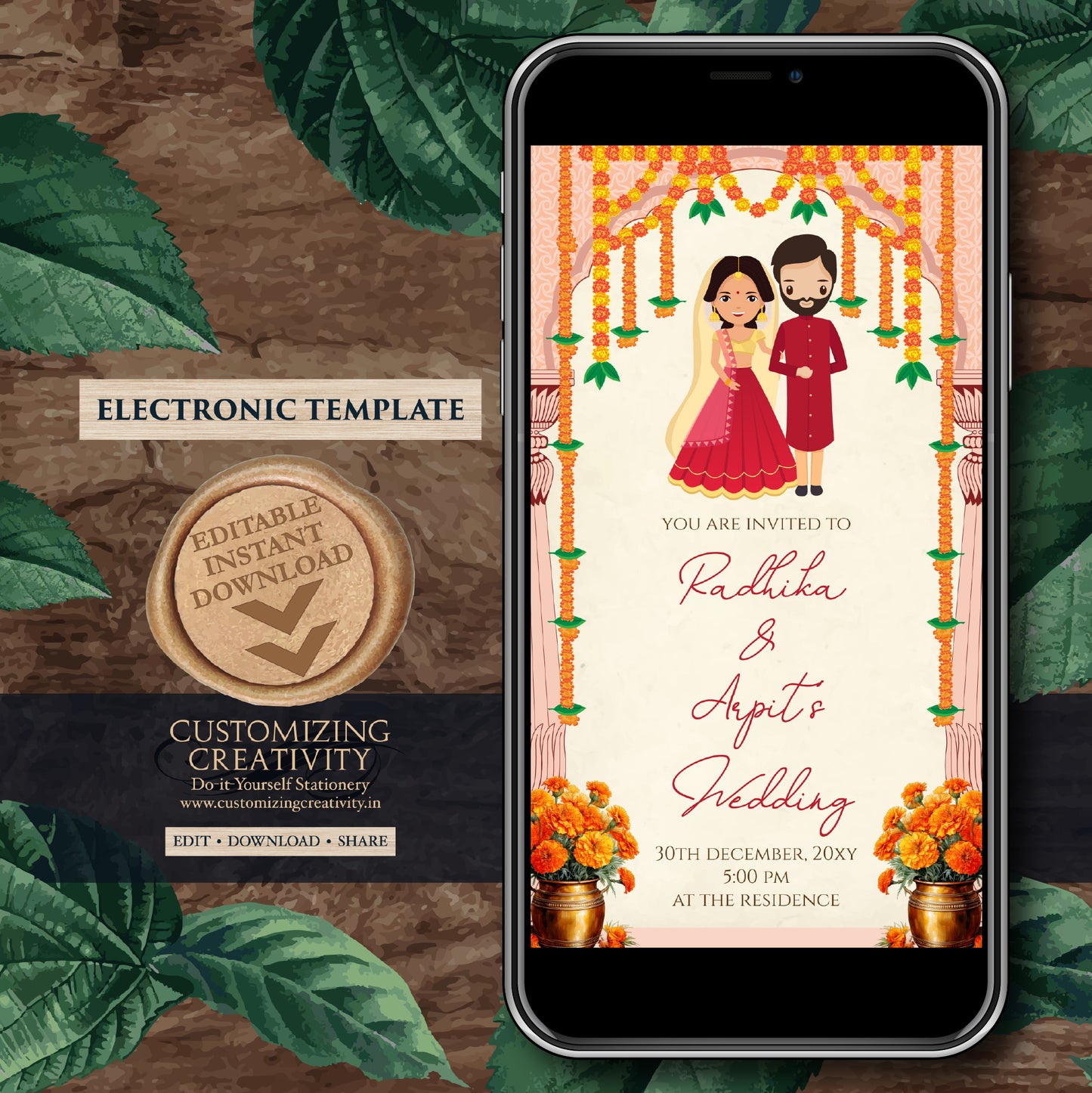 Indian Wedding invitation & Hindu wedding invite, Digital Indian Wedding invite Hindu Wedding card, Hindu invitation as Indian wedding cards