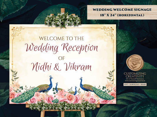Sikh Wedding Welcome Signs as Peacock Welcome Signage, Indian Wedding Signs Anand Karaj as Punjabi Welcome Sign Peacock decor Sikh Welcome
