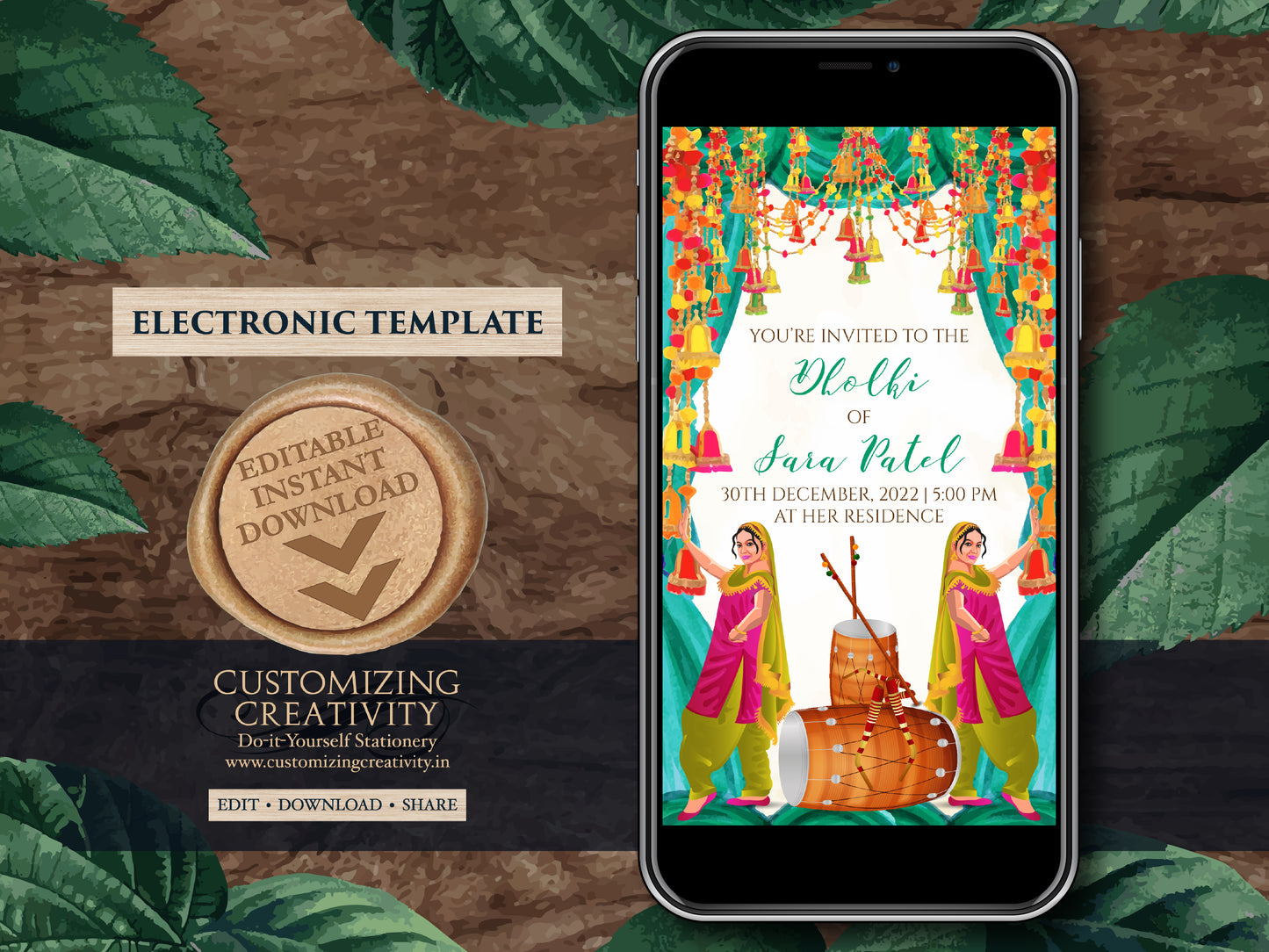 Dholak invitation & Pakistani Dholak Invite Digital, Muslim Dholak night invites, Punjabi Dholki invites digital as Muslim Dholki invitation