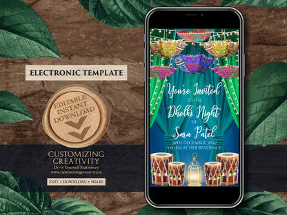 Punjabi Dholki card digital as Muslim Dholki invitation, Muslim Dholak night invites, Dholak invitations & Pakistani Dholak Invites Digital