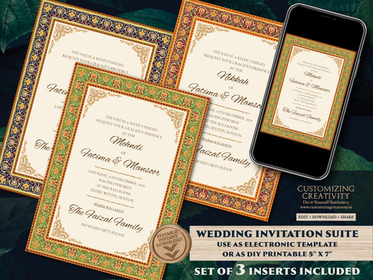 Muslim Wedding invitation as Arabic Wedding Shaadi Card, Nikkah invite, Nikah invitation as Arabic invite, Muslim invite as Mehndi invite