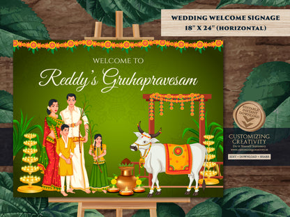 Gruhapravesam sign with cow & Gruhapravesham sign, Indian Housewarming poster as Telugu Housewarming welcome sign, Indian Housewarming board