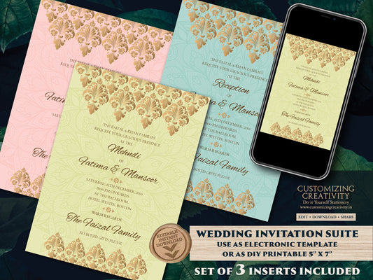 Muslim invitation as Royal Wedding Card, Shaadi invitations Mehndi as Desi Wedding card Gold, Digital Nikah invitation Muslim Wedding cards
