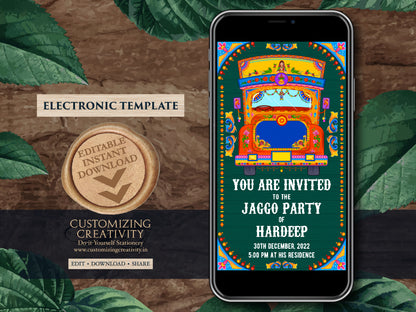 Jago Party invite & Bollywood party invite digital, Jaggo invites as Indian truck art invites, Jaggo Night invites, Punjabi party invitation