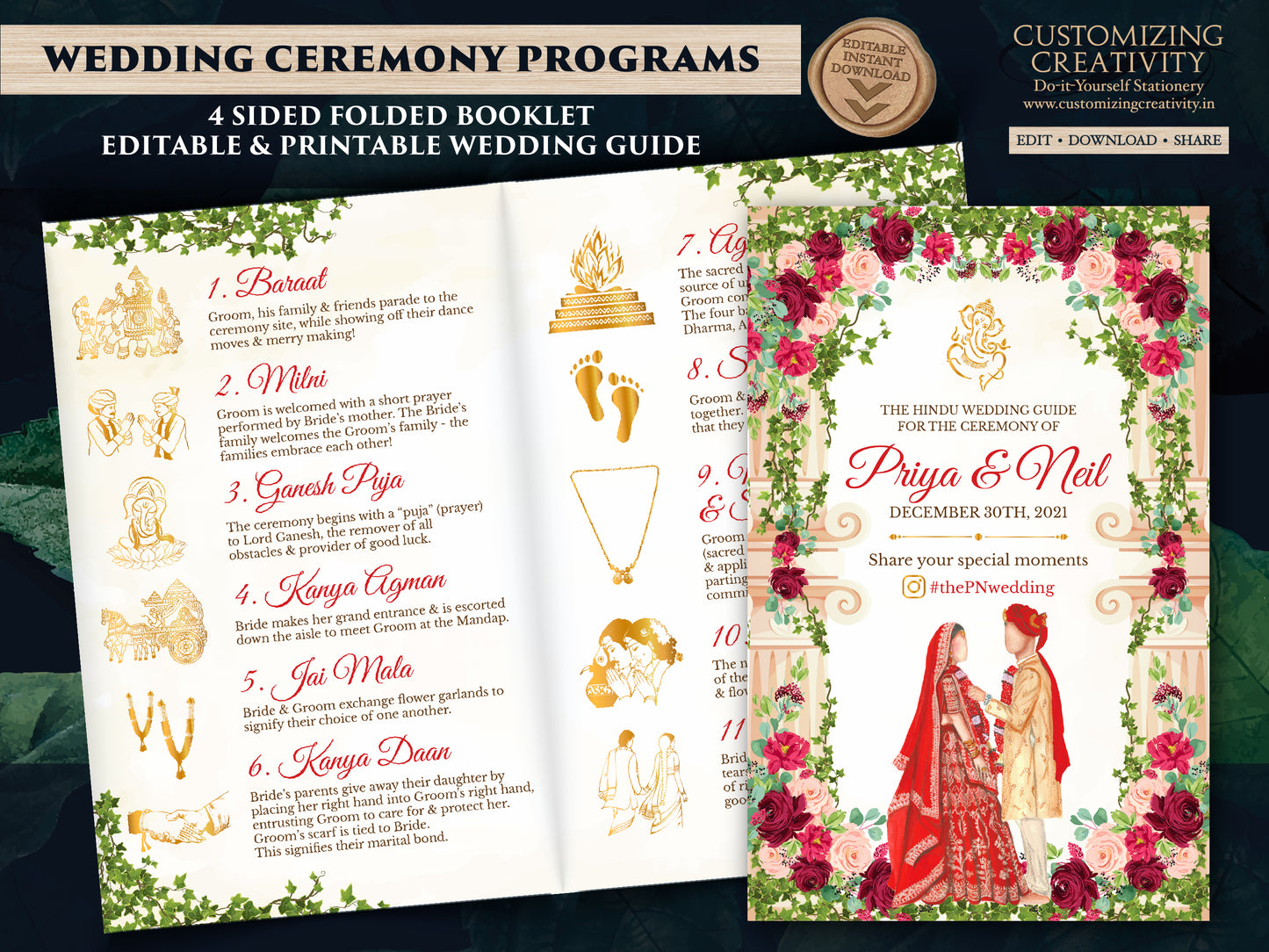 Hindu Ceremony Program & Indian Wedding program guide, Gujarati Wedding program template Hindu as Hindu Wedding guide, Hindu Wedding Program