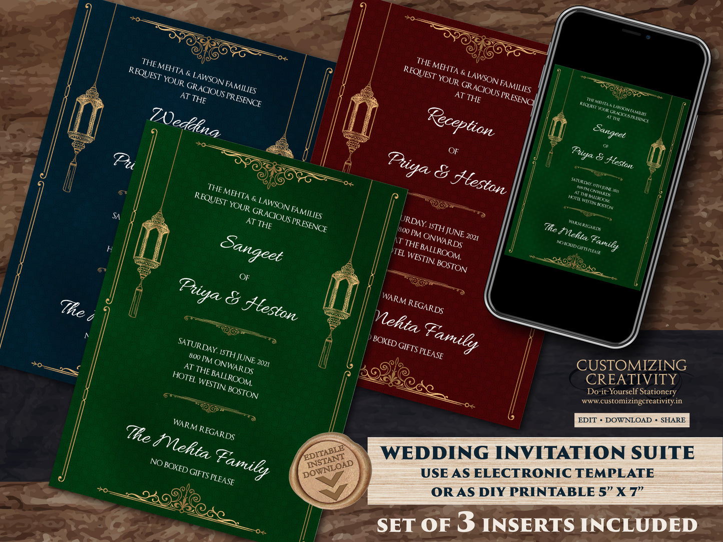 Jewel Tone Wedding Invitation Download for Fall Wedding Invite, Moroccan Invitation Suite Navy, Emerald & Burgundy Wedding, Arabic Wedding