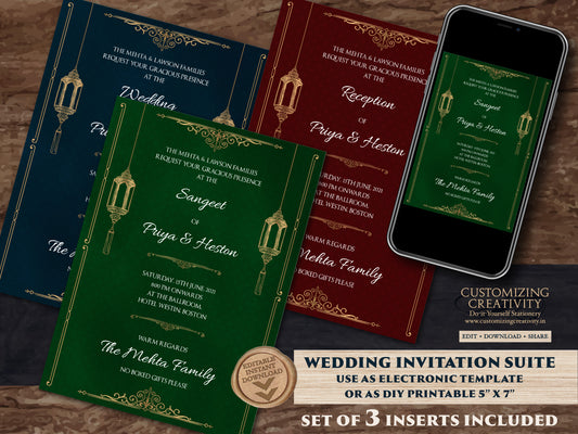 Jewel Tone Wedding Invitation Download for Fall Wedding Invite, Moroccan Invitation Suite Navy, Emerald & Burgundy Wedding, Arabic Wedding