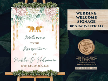 Reception Welcome Signs as Indian Wedding Welcome Sign Elephant, Reception sign Floral as Hindu Welcome Sign Pastel, Elephant Welcome Indian