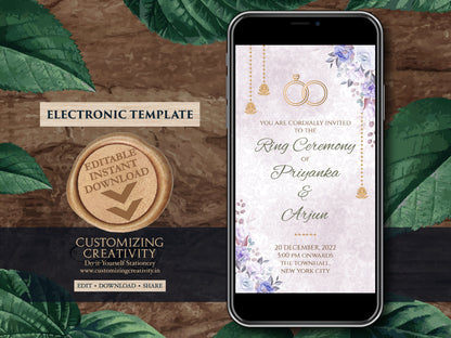 Ring Ceremony invite Spring as Summer Engagement template Indian, Digital Ring Ceremony cards Floral & WhatsApp Engagement invitations Hindu