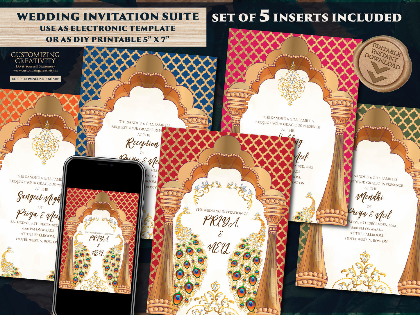 Peacock Invitations as Wedding cards Indian, Hindu Wedding invites Peacock & Hindu invitation electronic Indian digital wedding card Peacock