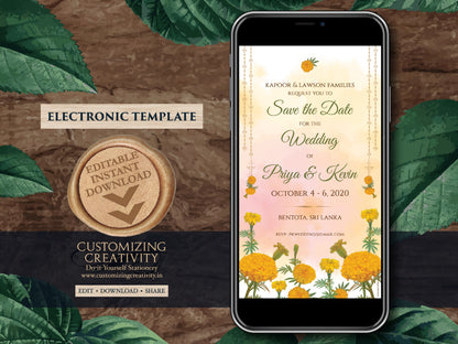 Marigold Save the date Electronic as Indian Save the Date Orange, Hindu Wedding Save the Date Genda Phool invite & WhatsApp Save the Dates