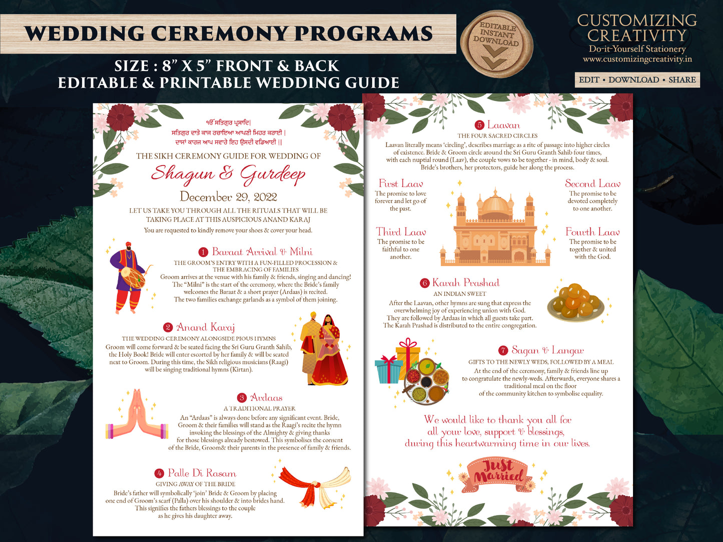 Sikh Wedding guide templates, Sikh ceremony infographics & Sikh ceremony program guide, Punjabi Wedding guide Indian as Anand Karaj programs