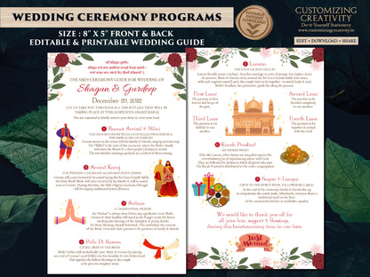 Sikh Wedding guide templates, Sikh ceremony infographics & Sikh ceremony program guide, Punjabi Wedding guide Indian as Anand Karaj programs