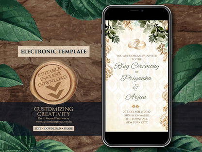 Digital Ring Ceremony invitations & WhatsApp Engagement invite Indian, Ring Ceremony card Digital as template Engagement invites Electronic