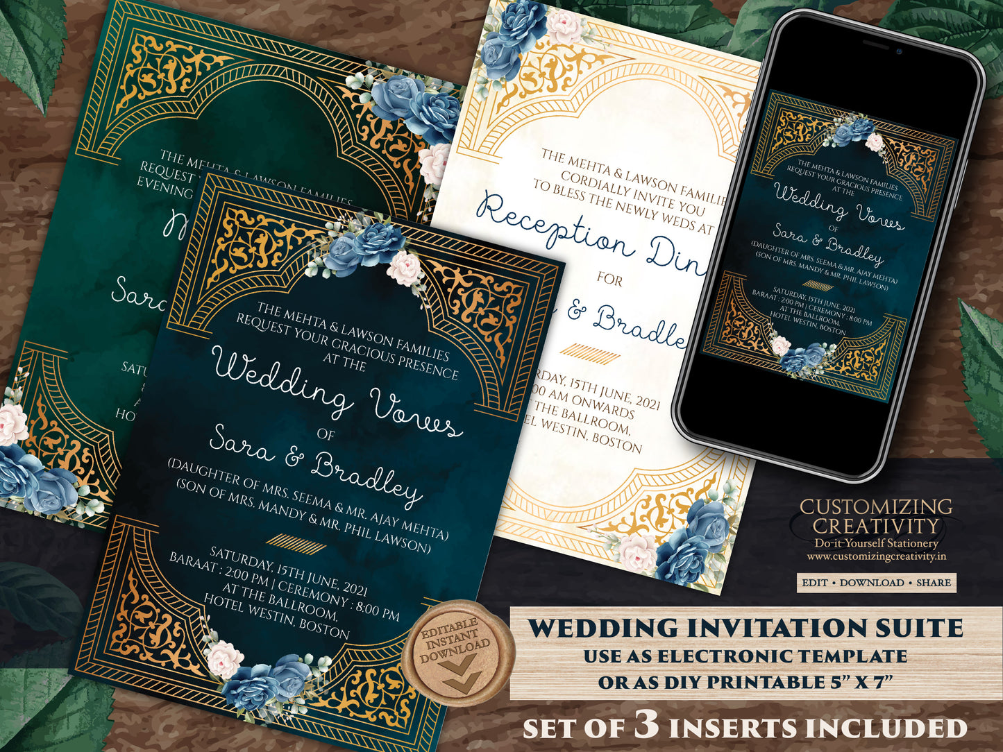 Emerald Gold Wedding Invitation Navy as Arabic Wedding invite Moroccan, Jewel tone Wedding Card Moroccan, Muslim Wedding Invite Nikkah card