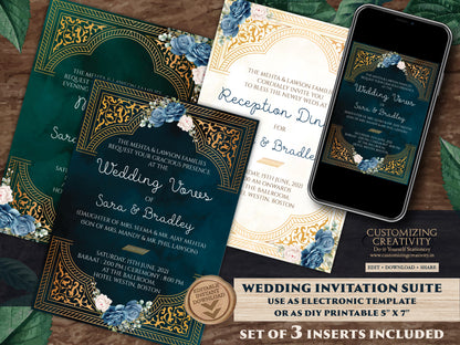 Emerald Gold Wedding Invitation Navy as Arabic Wedding invite Moroccan, Jewel tone Wedding Card Moroccan, Muslim Wedding Invite Nikkah card