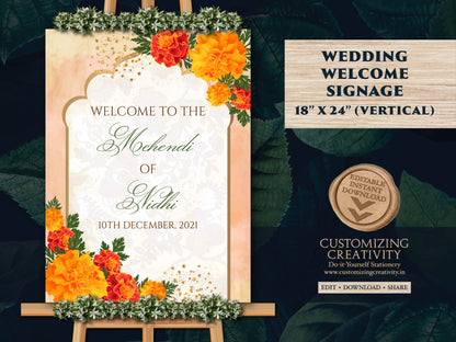 Marigold Welcome Signs for Indian Welcome sign, Mehndi Signs for Indian Mendhi Welcome Signage, Indian Wedding Sign marigold Henna Party