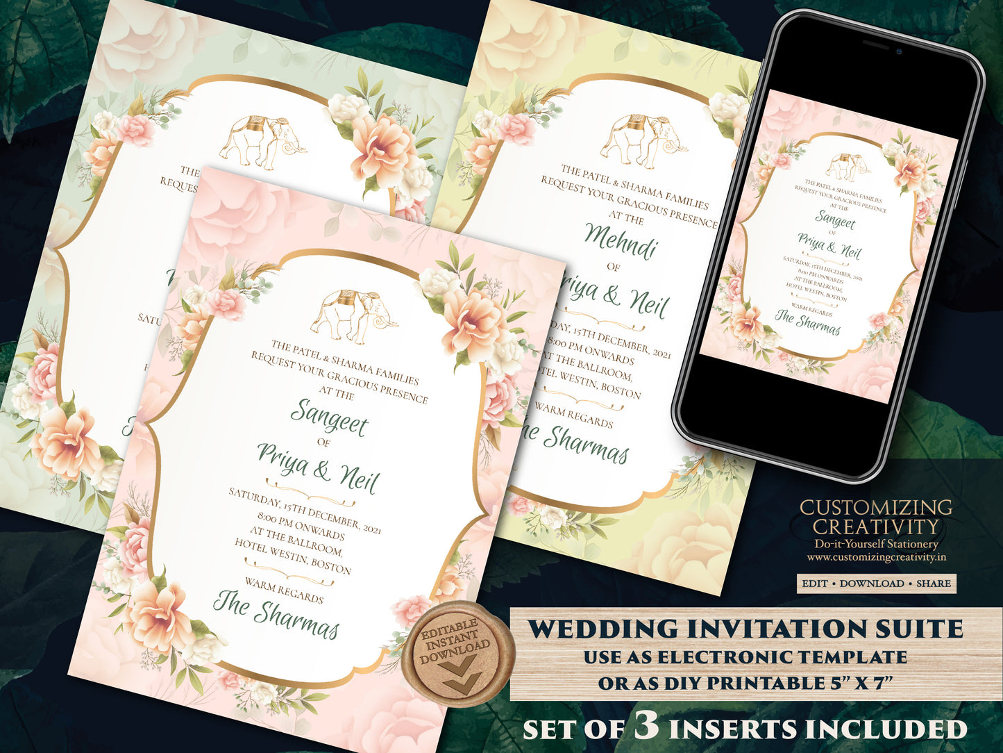 Indian invitations Elephant as Floral cards Elephant Hindu wedding, Pastel Invitations as Elephant Wedding Invite Indian Floral, Shaadi Card