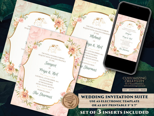 Indian invitations Elephant as Floral cards Elephant Hindu wedding, Pastel Invitations as Elephant Wedding Invite Indian Floral, Shaadi Card