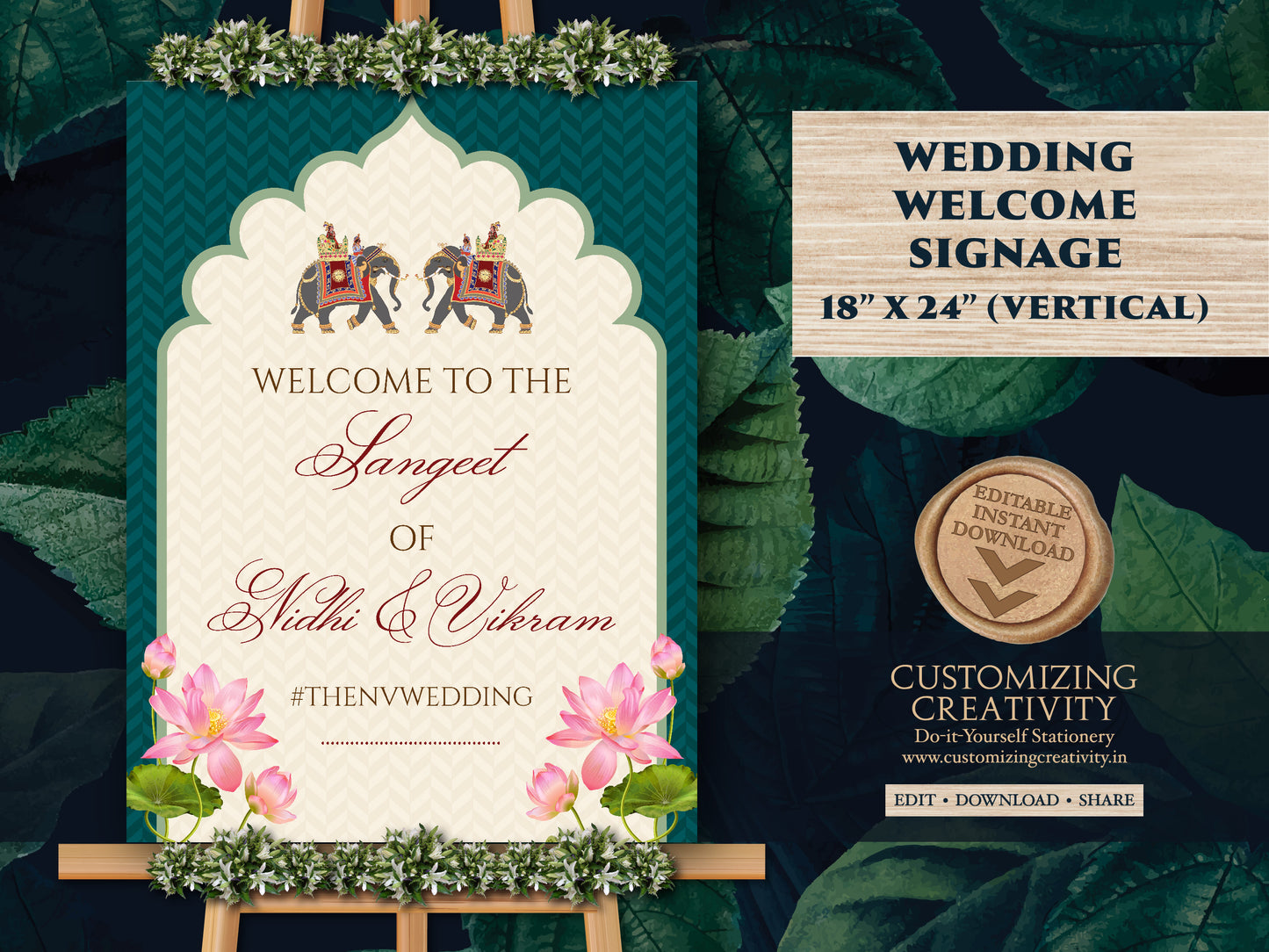 Sangeet Welcome signs as Royal Wedding signs, Indian Wedding sign Sangeet as Elephant decor Sign, Sangeet Decor Sign Emerald & Hindu Welcome