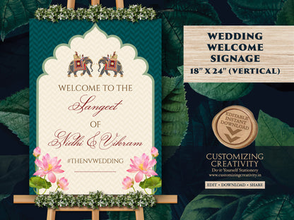 Sangeet Welcome signs as Royal Wedding signs, Indian Wedding sign Sangeet as Elephant decor Sign, Sangeet Decor Sign Emerald & Hindu Welcome