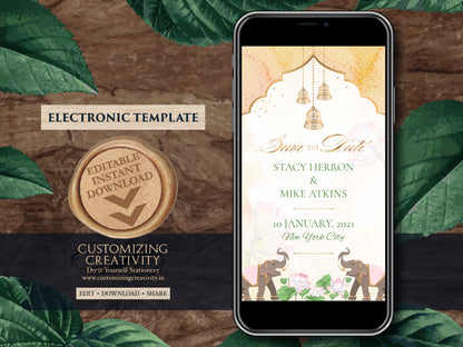 Indian Save the date Invite, Digital Save the date Elephant as Hindu Save the date electronic, Royal Elephant invitation Indian DIY template