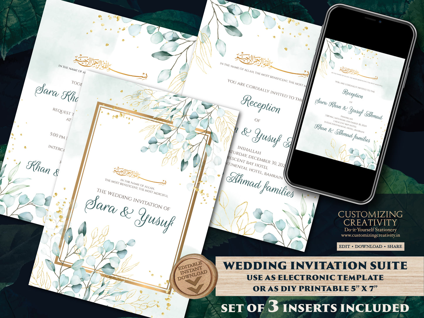 Muslim Invitations Digital Nikkah invite, Walima Invitation & Digital Arabic invitation, Muslim wedding card as Digital Islamic wedding card