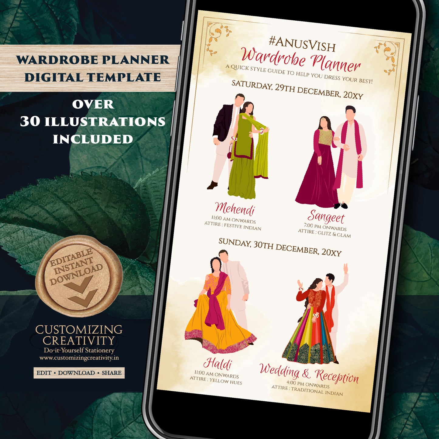 Digital Indian Wardrobe Planner Hindu Wedding Program, Indian Wedding Program & Indian wedding itinerary as Digital Indian wedding Timeline