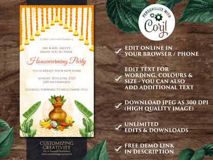 Griha Pravesh invites as Indian Pooja invitation, Indian Housewarming invitations & Digital Housewarming invite, Gruha Pravesh invite Indian