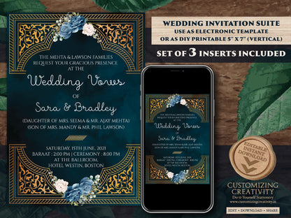 Emerald Gold Wedding Invitation Navy as Arabic Wedding invite Moroccan, Jewel tone Wedding Card Moroccan, Muslim Wedding Invite Nikkah card