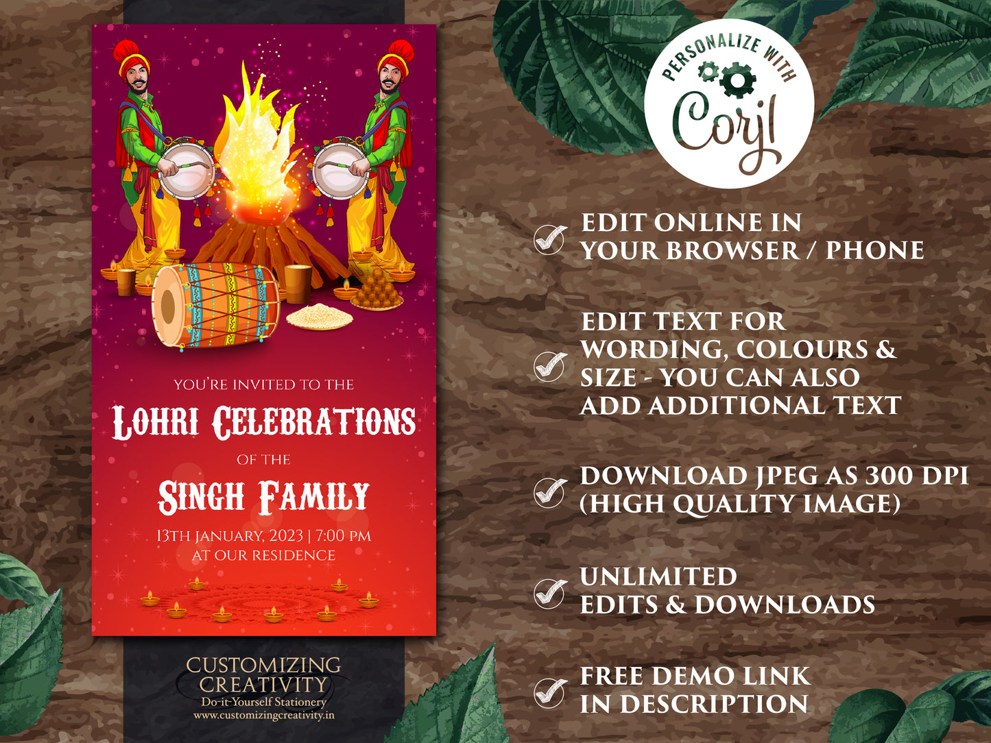Digital Lohri invite as Lohri invitations, Lohri cards & Lohri party invite, Lohri celebration invite as Indian Lohri invite, Lori invites
