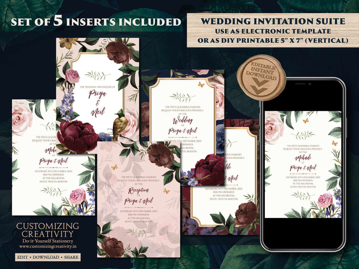 Indian Wedding invites Digital, Floral Indian invites & Indian Invitations Digital, Hindu Wedding invitations as Indian Wedding cards Hindu