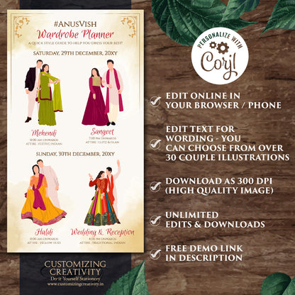 Digital Indian Wardrobe Planner Hindu Wedding Program, Indian Wedding Program & Indian wedding itinerary as Digital Indian wedding Timeline